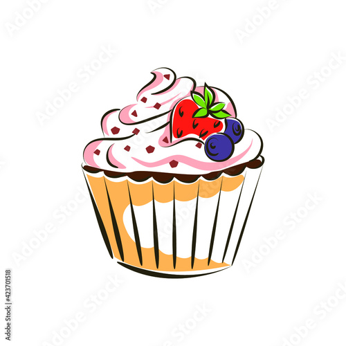 Cupcake, cake, with butter cream, chocolate sprinkles, decorated with strawberries and blueberries.Isolated vector illustration, sketch for menus and teahouses