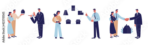 Sale, rental of housing. The realtor gives the keys to the young family, helps the single mother with the choice of the future home, makes a deal. Vector illustration isolated on a white background.