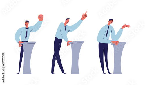 Speech at the podium. A man in a blue shirt with a tie and trousers makes a presentation. Political figure. Vector illustration of cartoon characters isolated on white background.