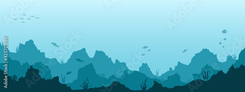Sea underwater background. Marine sea bottom with underwater plants, corals and fishes. Panoramic seascape. Vector illustration.