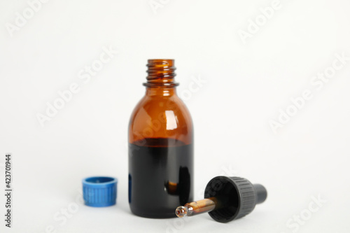 Bottle of medical iodine and dropper on white background