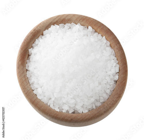 Natural sea salt in wooden bowl isolated on white, top view