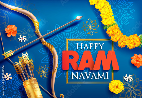 Ram Navami (Birthday of Lord Rama) greeting card for Hindu spring festival Navratri. Vector illustration.

