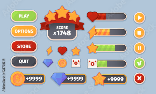 Game ui. User interface items flat panels icons buttons frames and dividers garish vector kit