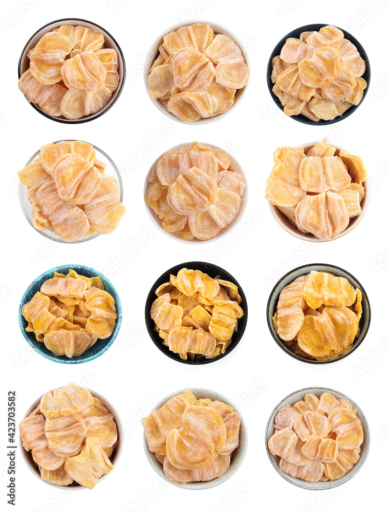 Set with sweet dried jackfruit slices in bowls on white background, top view Set with sweet dried jackfruit slices in bowls on white background, top view