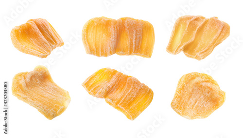 Set with sweet dried jackfruit slices on white background. Banner design