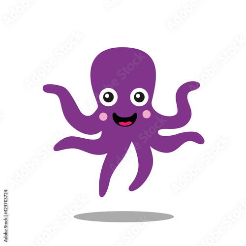 Cheerful smiling purple octopus with pink cheeks, big eyes, isolated on white background