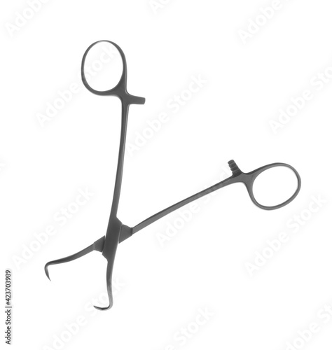 Surgical forceps on white background. Medical instrument