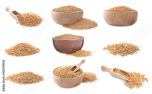 Set with mustard seeds on white background