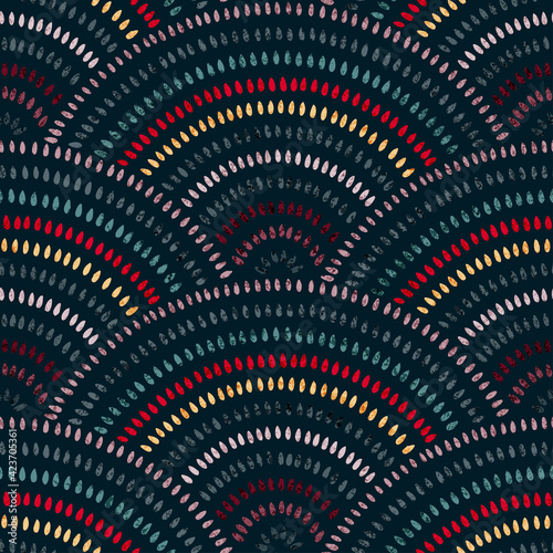 Seamless wavy pattern. Seigaiha print in polka dot style. Grunge texture. Vector illustration.