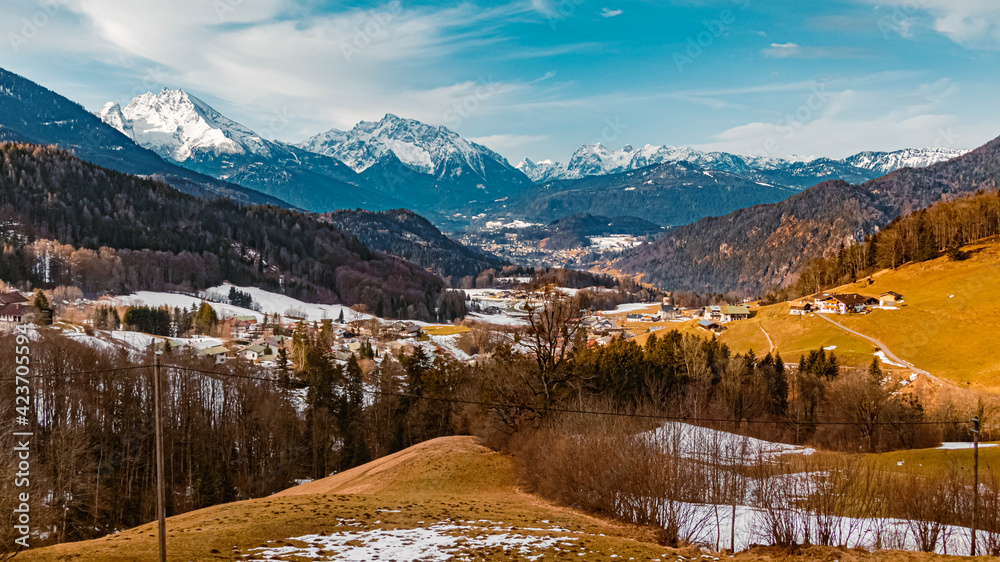 Beautiful winter landscape near Berchtesgaden, Bavaria, Germany with the famous Watzmann summit in the background