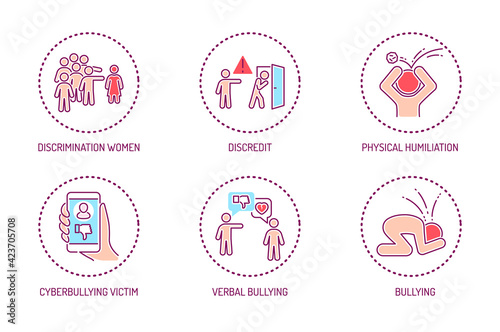 Violence color line icons set. Harassment, social abuse and bullying. Isolated vector element.