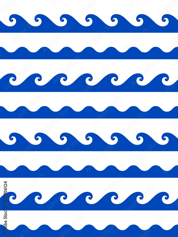 Seamless pattern. Cartoon colorful blue waves on white background. Marine print. Flat design.