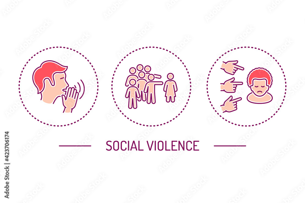 Social violence color line icons set. Harassment, social abuse and bullying. Isolated vector element. Social violence color line icons set. Harassment, social abuse and bullying. Isolated vector element.