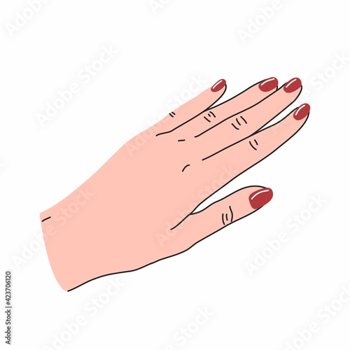 Straightened female hand with red manicure in cartoon flat style. Vector illustration isolated on white background.