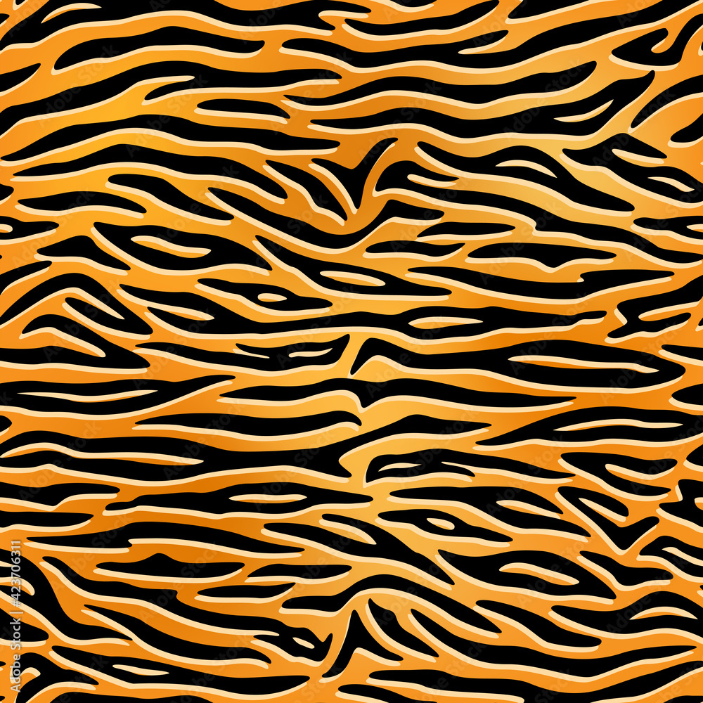 Seamless pattern. Realistic imitation of skin of tiger. Black stripes on orange and yellow background. Animal print. Seamless pattern. Realistic imitation of skin of tiger. Black stripes on orange and yellow background. Animal print.