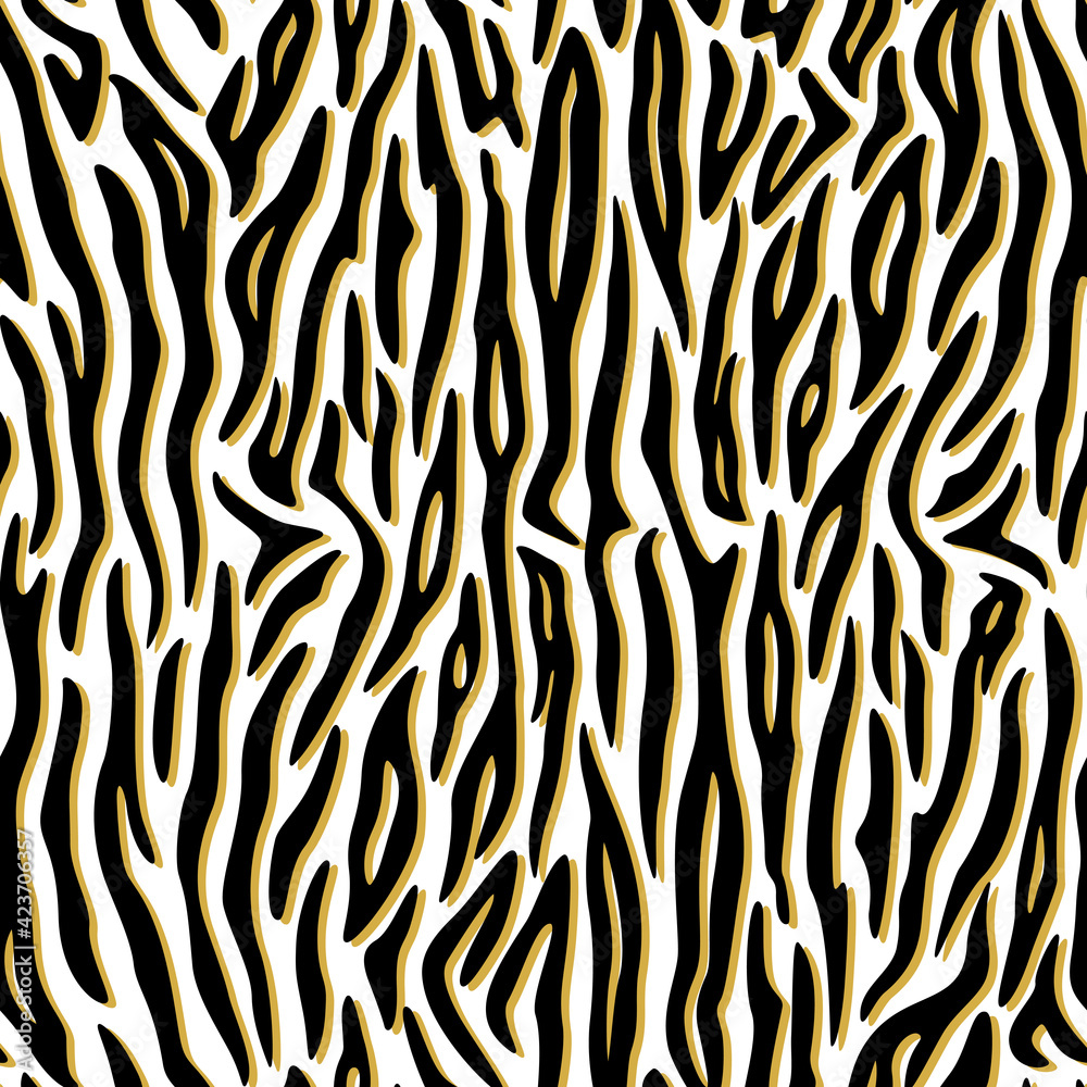 Seamless pattern. Imitation of skin of tiger. Black and golden stripes on white background. Animal print. Striped pattern. Seamless pattern. Imitation of skin of tiger. Black and golden stripes on white background. Animal print. Striped pattern.