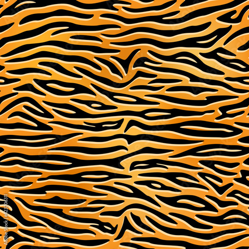 Seamless pattern. Realistic imitation of skin of tiger. Black stripes on orange and yellow background. Animal print.
