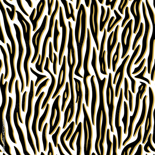 Seamless pattern. Imitation of skin of tiger. Black and golden stripes on white background. Animal print. Striped pattern.