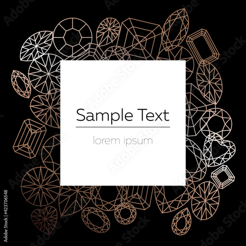 Luxury art Nouveau retro template with a gold gem outline on a black background and a white square for text.