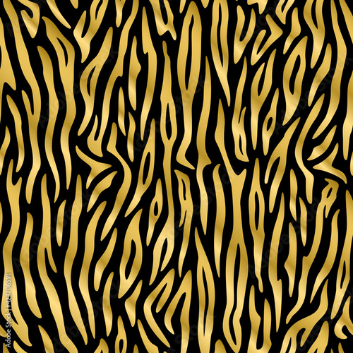 Seamless pattern. Imitation of skin of tiger. Golden stripes on black background. Animal print. Striped gold pattern.