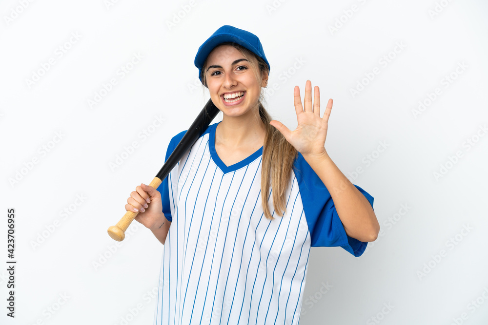 Young caucasian woman playing baseball isolated on white background counting five with fingers Young caucasian woman playing baseball isolated on white background counting five with fingers