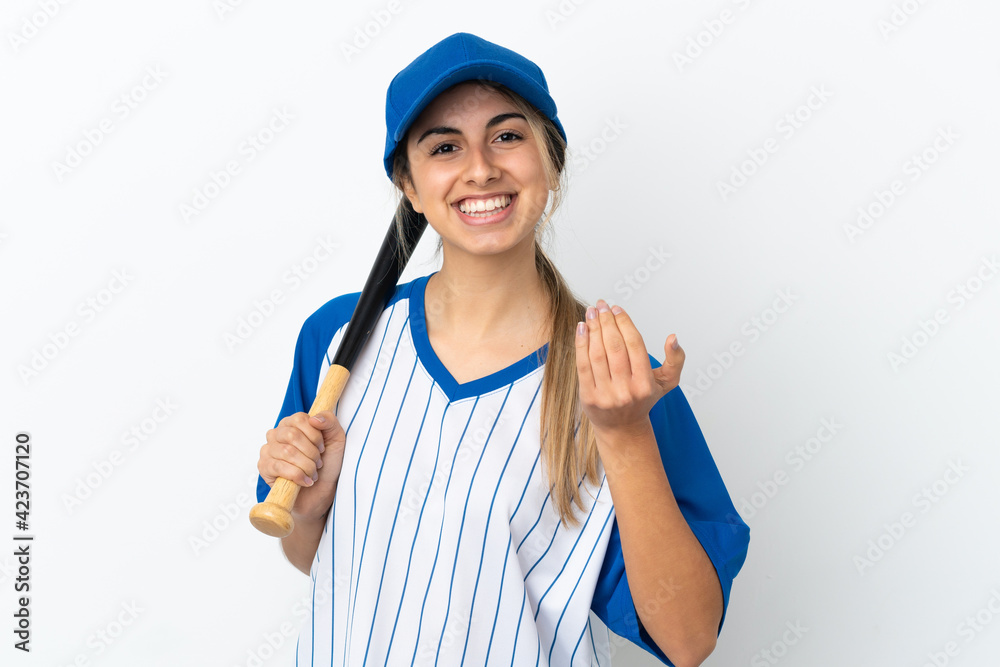 Young caucasian woman isolated on white background playing baseball and inviting to come with hand. Happy that you came Young caucasian woman isolated on white background playing baseball and inviting to come with hand. Happy that you came