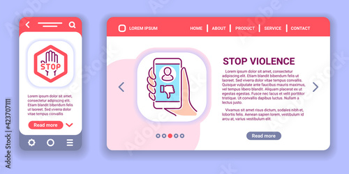 Stop violence web banner and mobile app kit. Harassment, social abuse and bullying. 