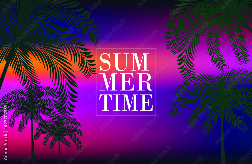 Obraz premium Summertime background with handwritten inscription, sun and palm trees. sun glitch. Retro 80s fashion Sci-Fi Background in bright neon colors. Vector