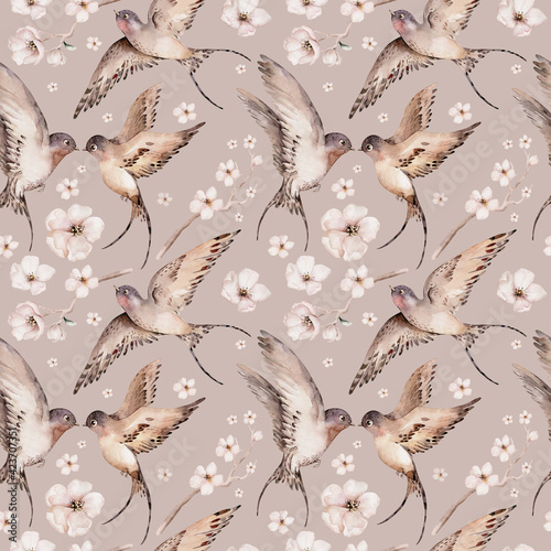 Watercolor spring flying swallows isolated and blossom flowers seamless pattern fabric background