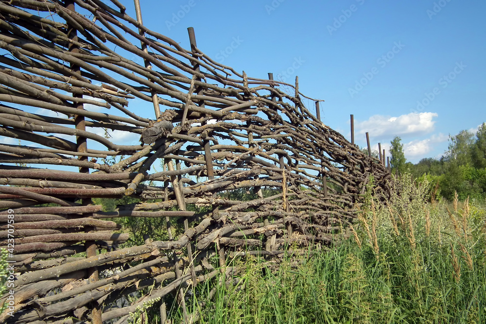 Old wicker fence in a field