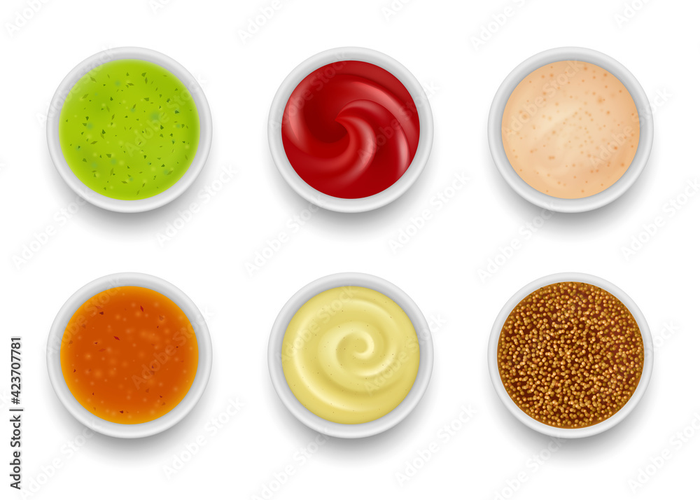 Sauce top view. Gourmet liquid sauce syrup for food garnishing tomato mustard chili green oil wasabi soup in round bowls decent vector realistic collection Sauce top view. Gourmet liquid sauce syrup for food garnishing tomato mustard chili green oil wasabi soup in round bowls decent vector realistic collection