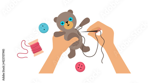 Hands sewing toy. Kids lab, workshop for children or adults. Hand made bear, buttons and threads vector illustration