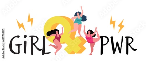 Three plump woman. Girl power, dancing female characters. Women feminists vector concept