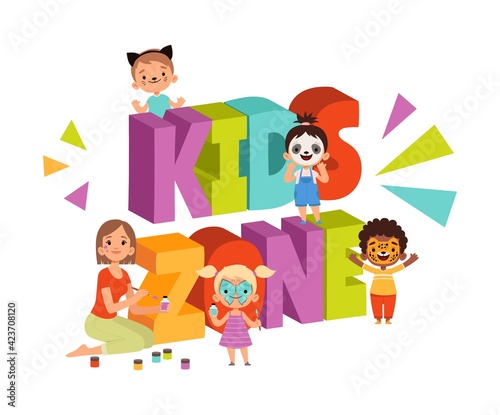Children face painting. Cartoon animator girl in kids zone vector illustration