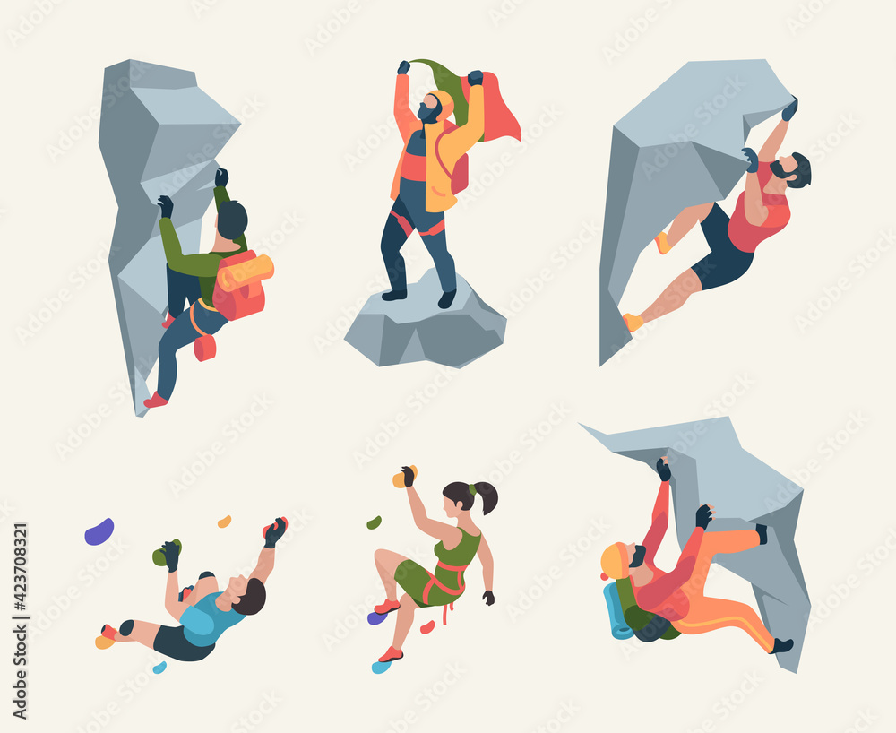Wall climbers. Mountain rock climbers person sport team people healthy active lifestyle activities garish vector isometric collection - obrazy, fototapety, plakaty 