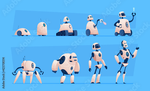 Smart technic evolution. Cyborg home chatbot android from steel exact vector flat characters isolated