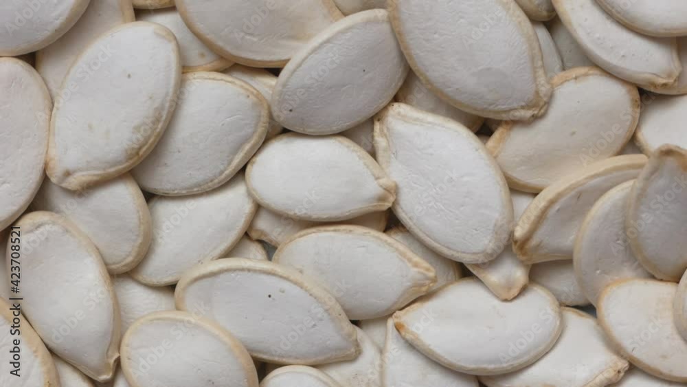 Close-up of unpeeled pumpkin seeds rotating. Harvest pumpkin and seeds. Healthy food in the kitchen for the whole family. Selective focus, shallow depth of field Close-up of unpeeled pumpkin seeds rotating. Harvest pumpkin and seeds. Healthy food in the kitchen for the whole family. Selective focus, shallow depth of field