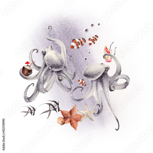 Photography Ocean composition, octopus and sea fish, watercolor illustration