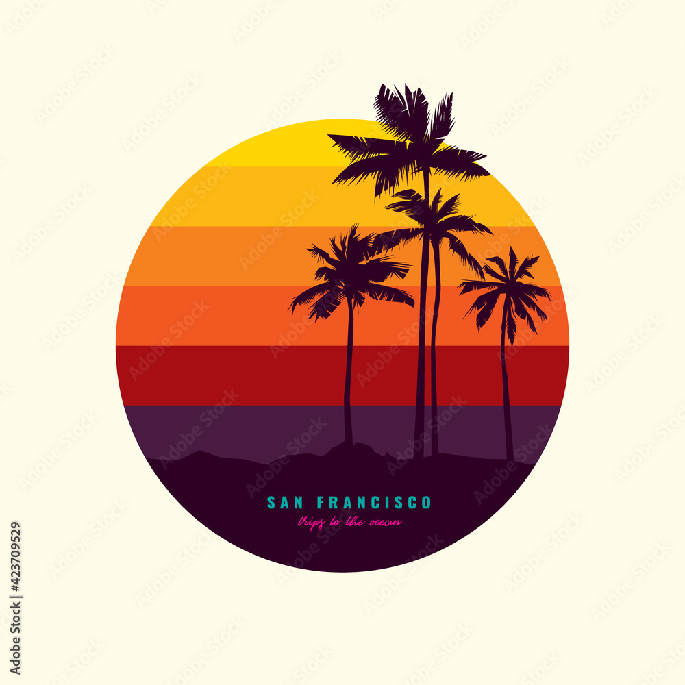Original vector illustration in vintage style. Bright design in the spirit of the 80-90 years. Beach landscape. Palm trees on the background of the sea.