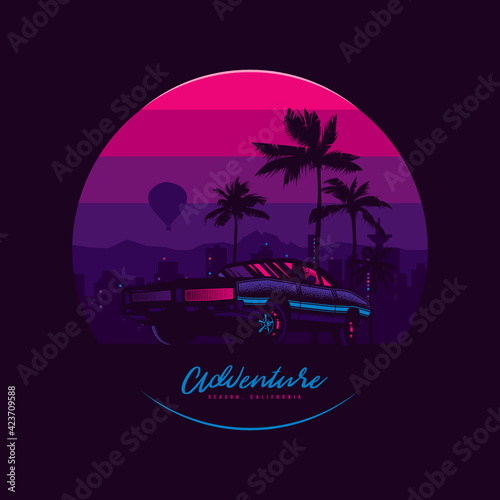 Original vector illustration in vintage style. Bright design in the spirit of the 80-90 years. Retro car on the background of the night city, palm trees and mountains.