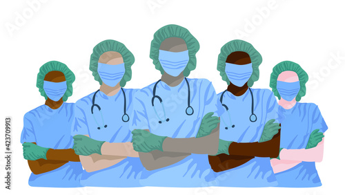 Multinational Doctors in  medical face mask. Medical team nurse therapist surgeon professional hospital workers. Vector illustration