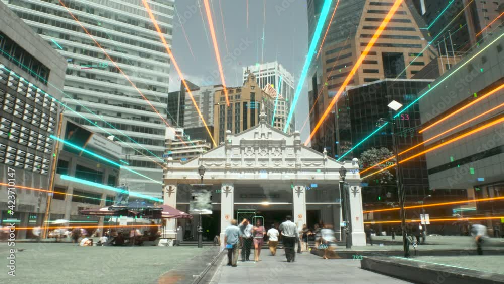Modern city with abstract futuristic network connections. Digital and technology concept
