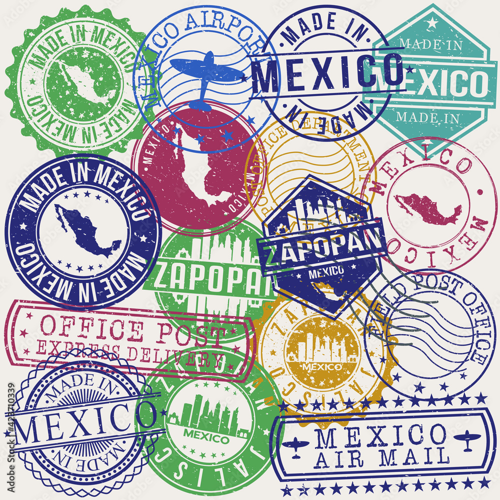 Zapopan Mexico Set of Stamps. Travel Stamp. Made In Product. Design Seals Old Style Insignia.