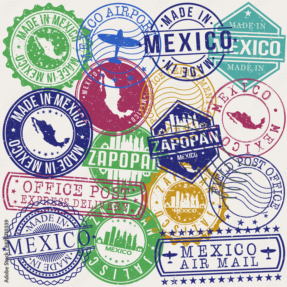 Fototapeta premium Zapopan Mexico Set of Stamps. Travel Stamp. Made In Product. Design Seals Old Style Insignia.
