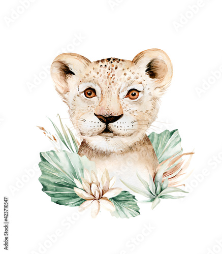 Canvas Print Africa watercolor savanna lion, animal illustration