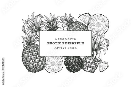 Hand drawn sketch style pineapple banner. Organic fresh fruit vector illustration. Engraved style botanical design template.