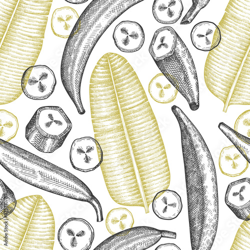 Hand drawn sketch style plantain seamless pattern. Organic fresh fruit vector illustration. Retro exotic banana fruit background