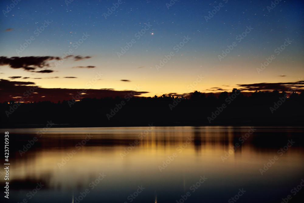 night river, night sky with stars, reflection in wate