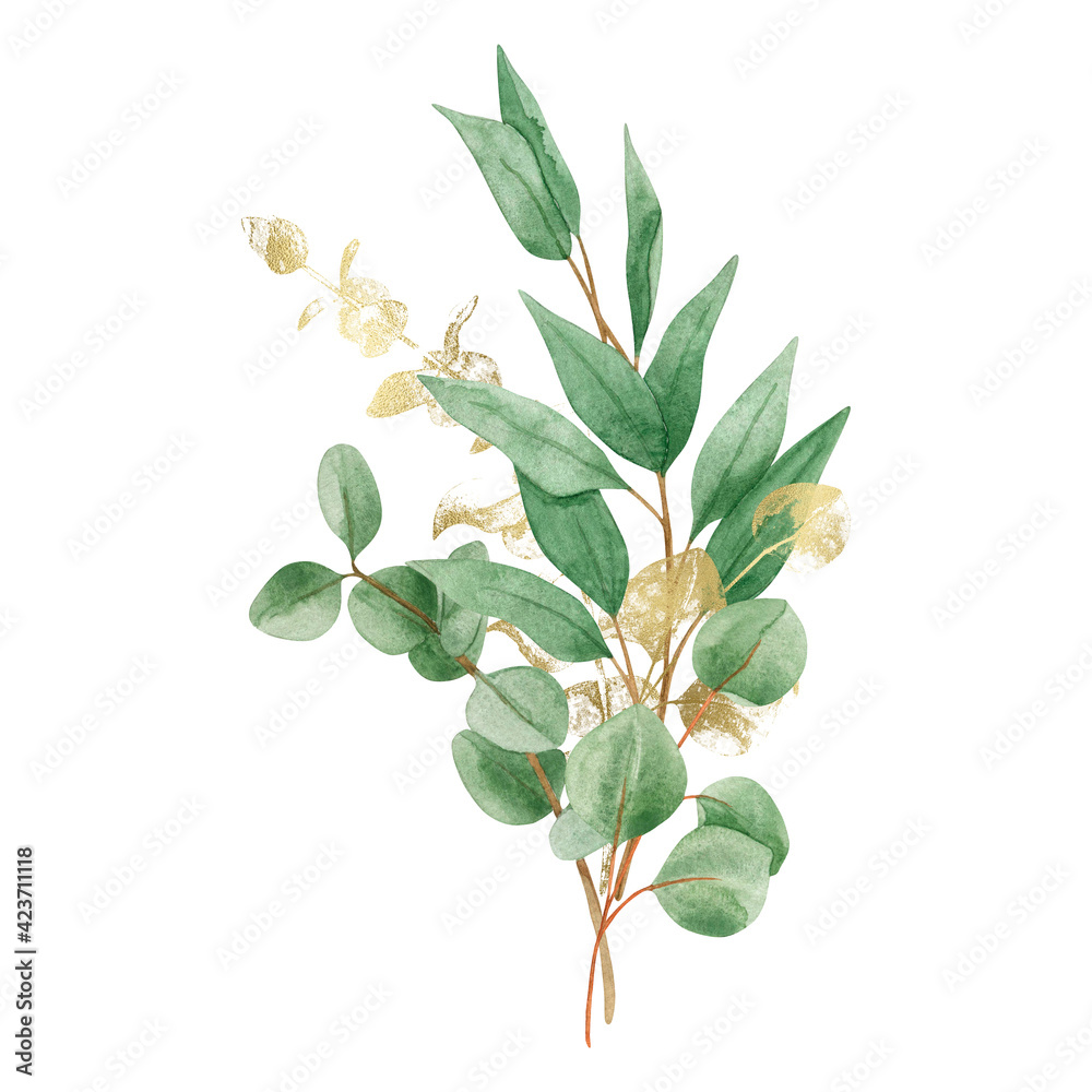 Watercolor bouquet with green and gold Eucalyptus branches and gold ...